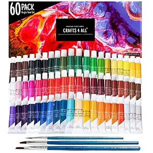 Crafts 4 ALL Acrylic Paint Set for Kids and Adults - 60 Pack of 12mL Craft Paint Colors for Wood, Canvas, Fabric and Ceramics w/ 3 Different Sized Brushes - Art Supplies
