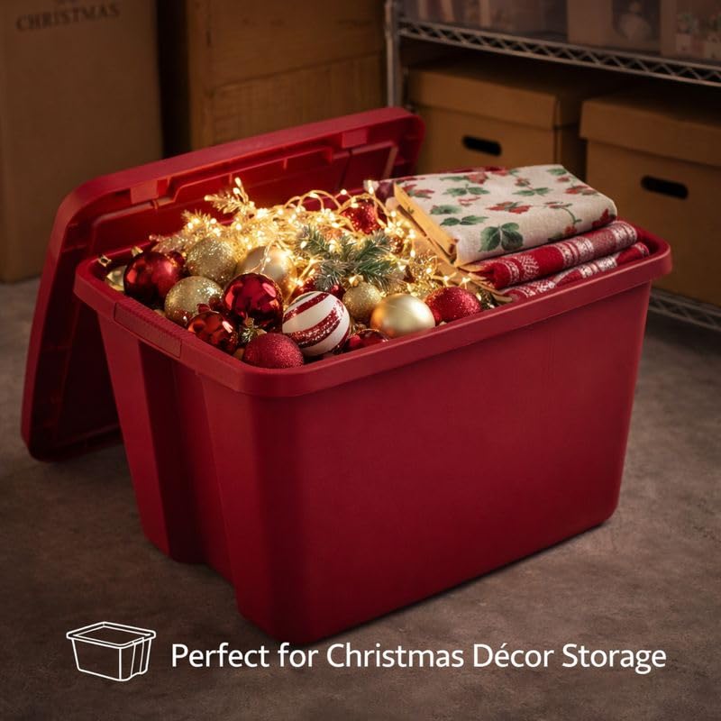Image of 18 Gallon Plastic Storage Tote with Secure Snap-On Lid, Stackable Storage Bin for Linens, Seasonal Decor, Keepsakes & Home Organization (Red)