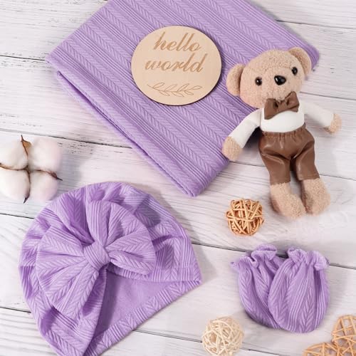 Image of AQOKKA Newborn Receiving Blanket with Bow Hat Mittens Wooden Card Set Wheat-Pattern Newborns Toddler Baby Boy Girl Nursery Swaddle Wrap