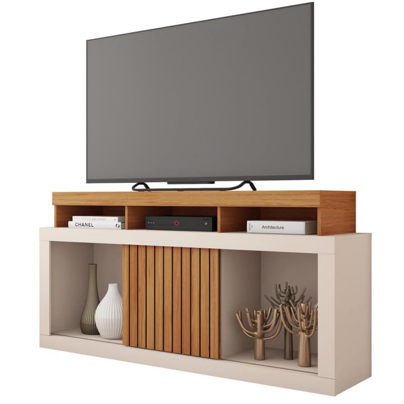 Meuble TV 55 Pouces Chêne et Blanc Ecru 1 Porte 6 roulettes L 136 H 74 P 39 cm
