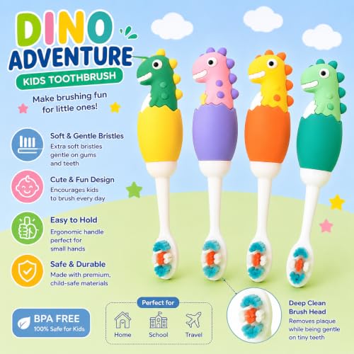 Image of Cots and Cuddles 3D Baby Dino Design Kids Toothbrush - Ultra Soft Bristles, Gentle on Gums, Manual Toothbrush for 3-6 Years, Pack of 2 (Random Color) (Dino in Egg)