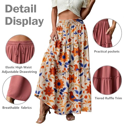 Image of Lepunuo Womens Casual Boho High Waisted Flowy Maxi Skirts Tiered Floral Long Skirts with Pockets for Summer Beach Vacation