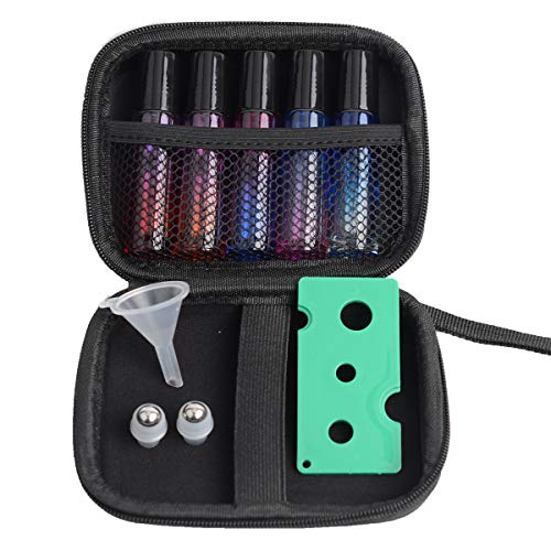Essential Oils Roller Bottles 10ml, Storage set of 10pcs, DIY Perfume holder, Portable Travel Carrying Bag for doTERRA, Young Living(Black case+5pcs10ML Color Roller Bottles+Opener
