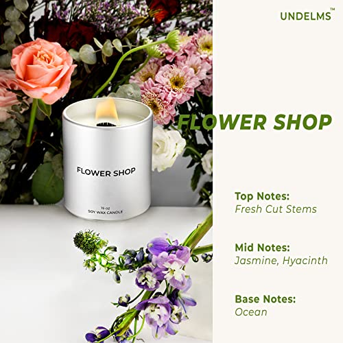 Undelms Scented Candle 15Oz Flower Shop Candle Jasmine, Hyacinth, Sea Salt Scented Soy Wax Candle, Wood Wicked Luxury Aluminum Jar Candle For Home Fragrance 85 Hours Burn Aromatherapy Candles #TOP1