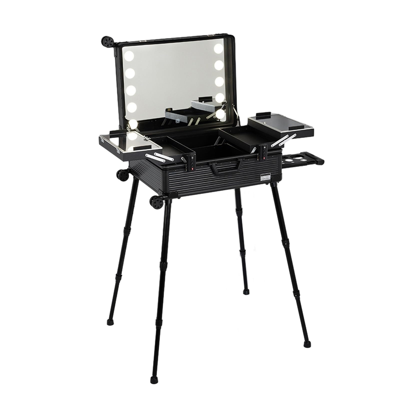 Aluminiowa kosmetyczka, z 4 kółkami na kółkach, 8 światełkami i lustrem, kosmetyczka na kosmetyki Wózek podróżny Kosmetyczka (czarny pasek) (Black Stripe 58X45X23cm)