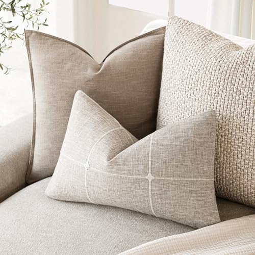 Image of Foindtower Pack of 2 Decorative Faux Linen Jacquard Check Throw Pillow Covers Farmhouse Lumbar Cushion Cover with Grid Textured Accent Pillowcase for Couch Sofa Living Room Home Decor,12x20 Inch,Beige