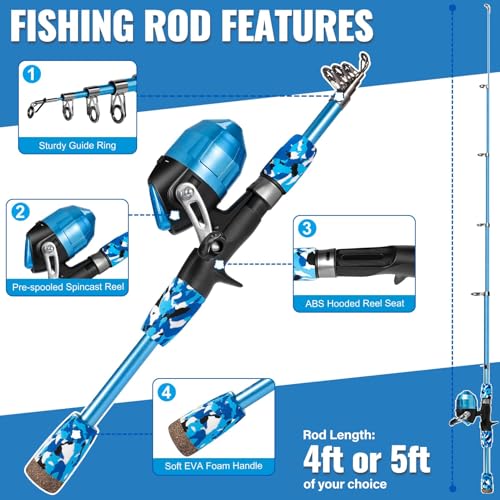 Image of PLUSINNO Kids Fishing Pole with Spincast Reel Telescopic Fishing Rod Combo Full Kits for Boys, Girls, and Adults(Blue, 120cm 47.24In)