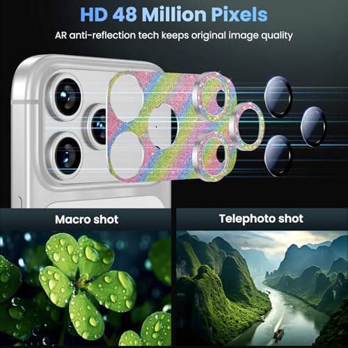 Image of Uyiton for iPhone 17-Pro Camera-Lens Protector: Bling [Not Easy to Break][Strong Adsorption][Case-Friendly] Metal Tempered Glass Rear Camera Screen Cover - Glitter Colorful