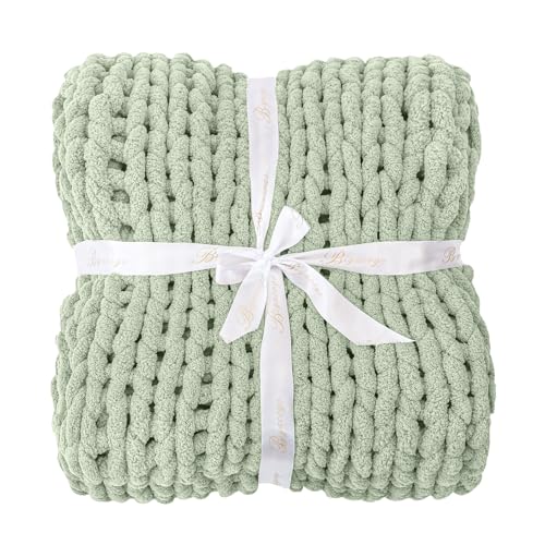 Bigacogo Chunky Knit Throw Blanket for Couch, 40x40 inches, 100% Hand Knitted with Thick Jumbo Chenille Yarn, Cozy Soft Large Rope Knot Cable Crochet Blankets for Sofa Bed Living Room, Sage Green