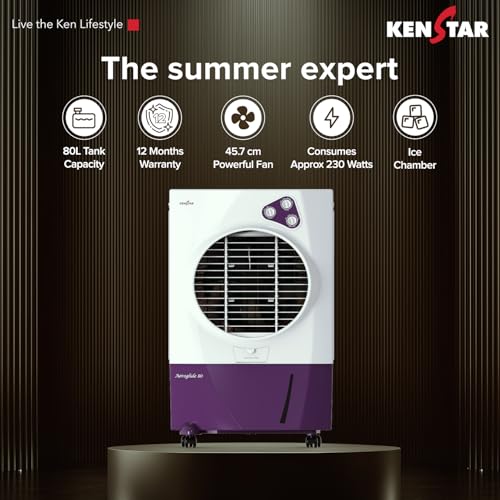 Image of Kenstar Aeroglide HC 80 Air Coolerfor Home|For Larger Room|BIG ICE Chamber|Anti-Bacterial Honeycomb Pads|High-Speed |Invertor ready|50Ft Air Throw|1-Yr Product Warranty|White & Purple