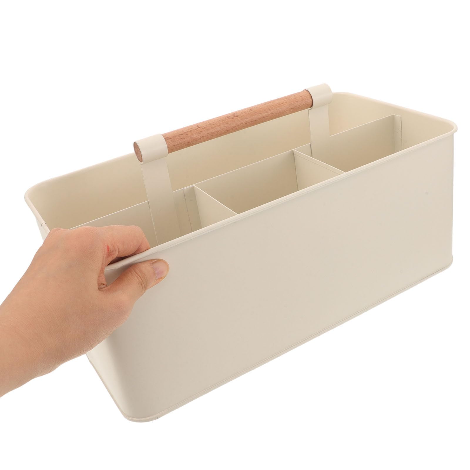 Cesta Organizadora de Herramientas de Jardinería Cesta Metálica Beige con 4 Compartimentos y Mango de Madera de 33x17.5x13 Cm para Plantación Interior y Exterior