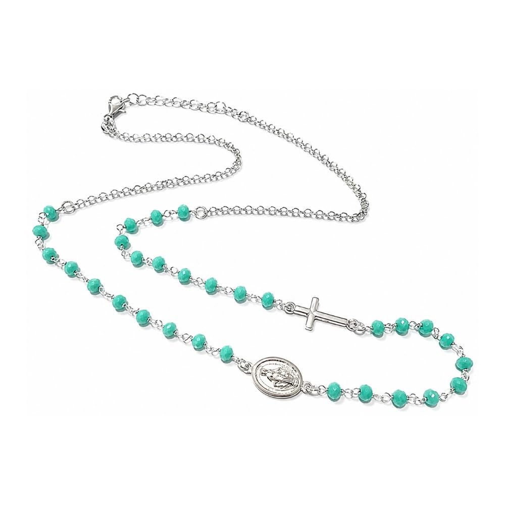 Collana Rosario Girocollo Uomo Donna in Argento 925 con Grani Verde Mare Sfaccettati – Collana Religiosa Cattolica Cristiana di Fede – Gioiello Elegante cll2212