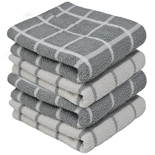 Towelogy® Premium Tea Towels for Kitchen 100% Cotton Lint Free Large Grey/White Jumbo Check Dishcloths Tear Resistant & Ecofriendly 45x65 cm (Grey/White, 4)