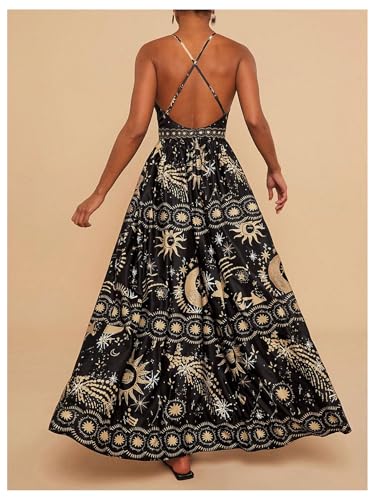 Image of SHENHE Women's Summer Tropical Sundress Deep V Neck Criss Cross Backless Flowy Maxi Dress