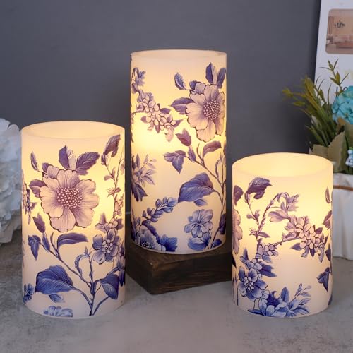 Image of Flameless Candles Blue and White Porcelain Floral Chinoiserie Decor Battery Operated with Remote Real Wax Dripless Candle Vintage Decorative for Christmas Gift Wedding Home Party Decor