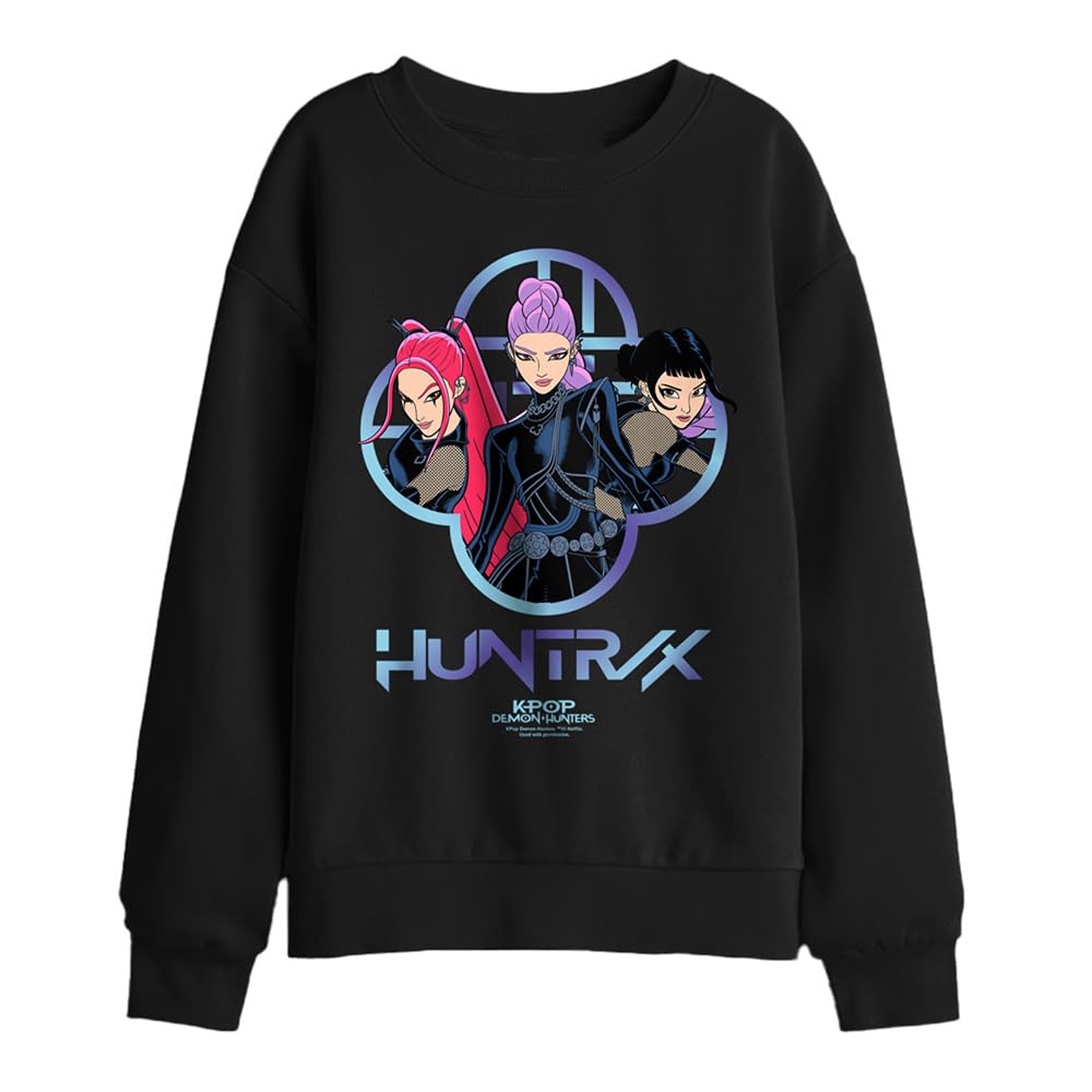 Kpop Demon Hunters Huntrix Girls Logo Kids Sweatshirt, Black, 9-11Y