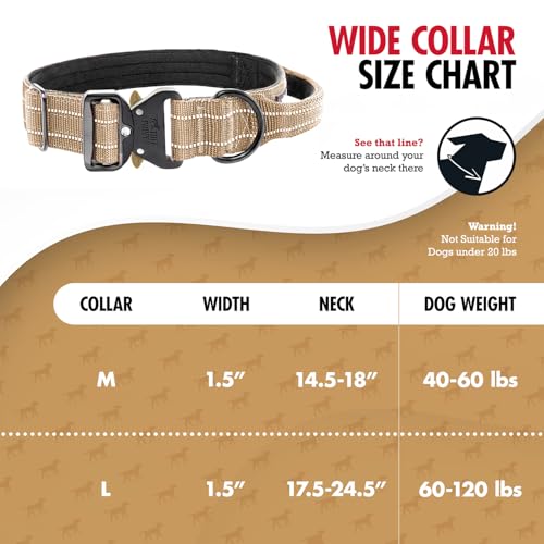 Image of Tuff Pupper Tactical Dog Collar | Heavy Duty 1.5 inch Wide Ballistic Nylon | Training Control Handle | Quick-Release Metal Buckle | Reflective Bands | ID Tag Holder | Padded Inner Lining (Tan, Medium)