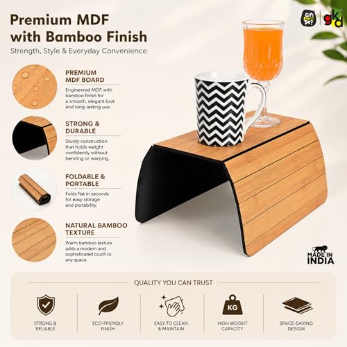 Image of Gift Kya De Sofa Armrest Rectangular Tray Table | Bamboo Finish Couch Arm Table | Non-Slip Tray for Remote, Snacks, Coffee | Compact & Foldable | 15x10 Inch | Made in India (Medium)