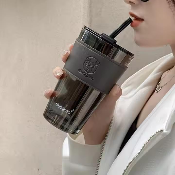 Image of Coffee Mug with Straw & Lid - Multipurpose Mason Jar Style Can Sipper for Green Tea, Milk, Juice, Smoothies & More - Reusable Drinking Cup for Home & Office (Black Leather.)