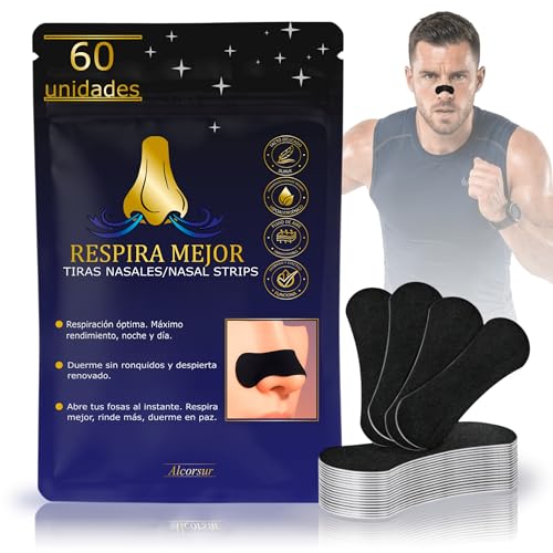 Pack 60 Tiras Nasales Antironquidos para Adultos, Dilatador Nasal para Dormir y Deporte, Mejora la Respiración Nasal y Reduce Ronquidos, Adhesivo Hipoalergénico Alta Fijación, Uso Nocturno y Deportivo