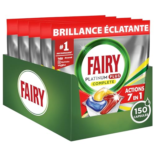Fairy Platinum Plus Limón Cápsulas De Lavavajillas Todo En Uno, 150 Cápsulas, Nuestra Mejor Limpieza Que Deja Los Platos Como Nuevos, Elimina La Falta De Brillo Y Evita La Cal