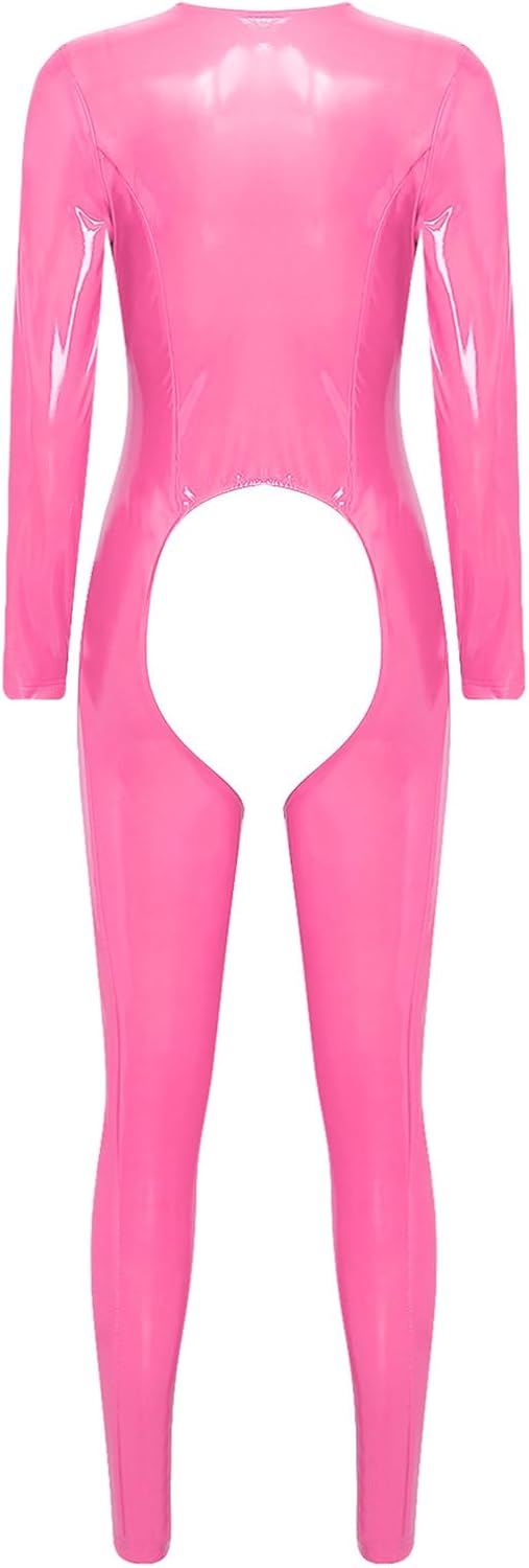 Agoky Women Open Breast Crotch Lingerie Hollowing Out Latex Catsuit One Piece Teddy Babydoll Nightwear