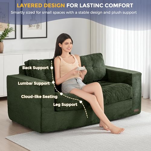Image of MAXYOYO Loveseat Sofa Couch, Upholstered Bean Bag Chair Cloud Seat for Adults, Boneless Couch with Cushion & Pillows, Sofa in A Box, No Assembly Required, Corded Dark Green, 2-Seat