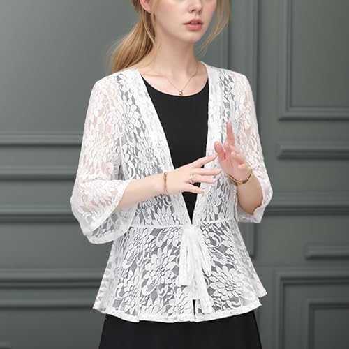 Image of FindThy Women's 3 /4 Flare Sleeve Lace Cardigan Tie Knot Front Floral Knitted Cover Up Shrugs