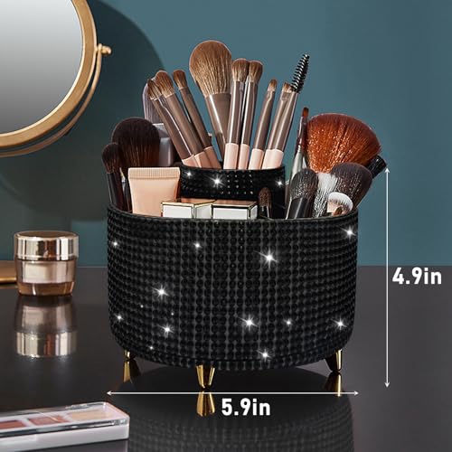 Image of Diesisa Bling Diamond 360 Makeup Brush Holder Organizer, Rotating Makeup Brush Organizer,5 Slot Make up Brushes Cup for Cosmetics, Vanity Desktop Organizer, Gift for Women Teen Girls- Diamond Black