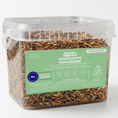 EntoZoo Mehlwürmer getrocknet für Hühner Vögel & Reptilien - Insektenfutter in Lebensmittelqualität | Vogelfutter Hühnerfutter Igelfutter Reptilienfutter | Ohne Zusatzstoffe | Made in Europe - 1kg