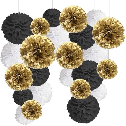 Pompons ouro preto branco decorações flores Pompom de papel de seda. Decoração de aniversário, 24 peças