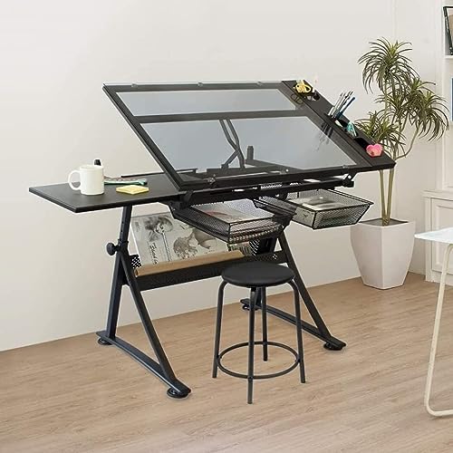 Glass Panel Drawing Table, Drawing Table with Storage, Height Adjustable Reclining Art Table for Work Study Painting Craft Table
