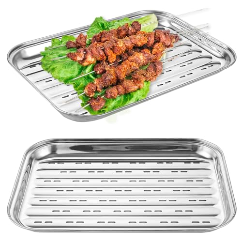 Oungy 2 Stück Grillschale Wiederverwendbar, Rechteckiger Grillschal Edelstahl Set, Grillschalen Edelstahl Perforiert 34,5 X 24,5 X 2,5cm Grillschalen fürGasgrill und Holzkohlegrills, Fleisch Gemüse