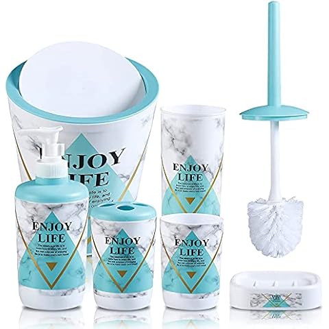 BSSN Marble Bathroom Accessories Set of 6 Plastic Gift Set,Toothbrush Holder,Mouthwash Cup,Soap Dispenser,Soap Dish,Toilet Brush Holder,Trash Can,for Decorative Countertop and Housewarming Gift Cover