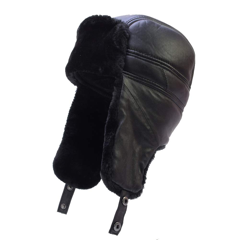 Sandy Ting Trapper Trooper Leather Hat Windproof Warm Ear Flaps Skiing Hat (X- Large (22 1/2-22 3/4 inches)) Black