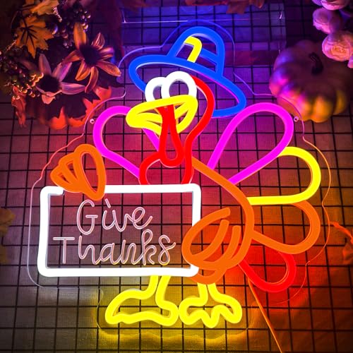 Image of Thanksgiving Neon Sign Thanksgiving Turkey Neon Sign Dimmable Turkey Neon Light for Wall Decor Give Thanks Sign for Home Bar Front Door Thanksgiving Decorations