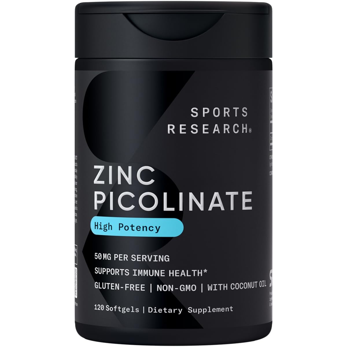 Sports Research High Potency Zinc Picolinate 50mg with Organic Coconut Oil | Highly Absorbable Zinc Supplement for Healthy Immune & Enzyme Function -