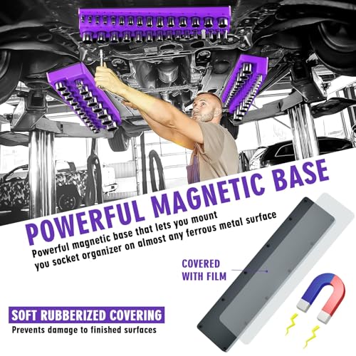 Image of Magnetic Socket Organizer Set, 3-Piece Socket Holder Trays for 1 /4 inch 3 /8 inch 1 /2 inch Drive Sockets, Organizes 68 Metric Sockets, Purple Tool Box Organizer (Sockets Not Included)