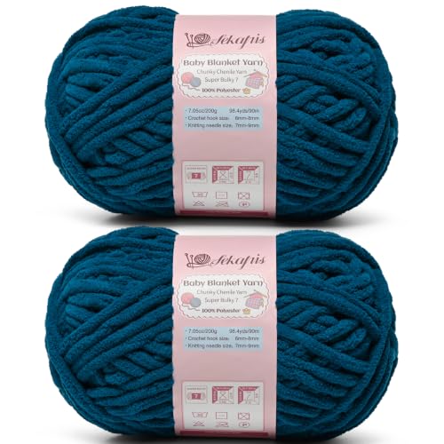 Image of 2 Pack Denim Blue 14.1 oz /196.8 yds Chunky Chenille Yarn for Crocheting, #7 Super Bulky Baby Blanket Yarn for Crocheting Soft, Fluffy Velvet Yarn for Knitting, Amigurumi Crochet Yarn for Crafts