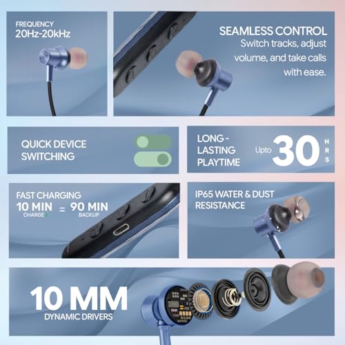 Image of Voods Nova Plus Wireless Neckband Bluetooth Earphones, 30H Playtime, Bluetooth 5.4, 10mm Deep Bass Drivers, Magnetic Earbuds, Dual Device Pairing, Type-C Fast Charging, IPX5 Water Resistant (Blue)