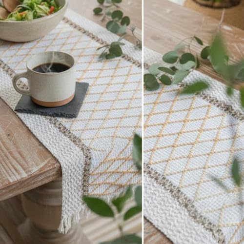 Image of HomeCloud Croshia Woven Table placemat - Heat Resistant, Washable Table Decoration for Dining, Office, Kitchen, Hotel, and Home (Runner Beige Boxes, Set of 1)