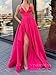 Fanciest Women's Spaghetti Straps Satin High Slit Prom Evening Dresses with Pockets Long Formal Dress Silver US6