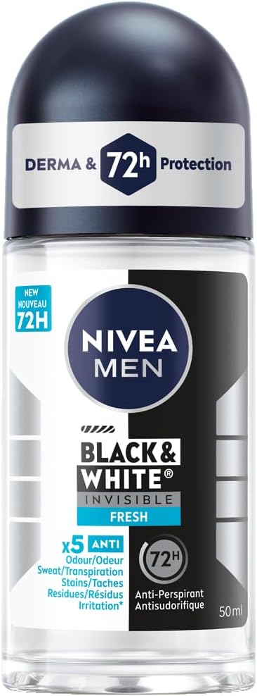NIVEA MEN Black & White Invisible Roll-On Antiperspirant Deodorant with 72-Hr Odour, Sweat and Stain Protection, Fresh Scented Men's Deodorant, Non-Sticky, Ethyl Alcohol Free, 50mL