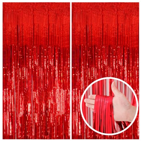 2 Pack Red Streamers Party Backdrop Christmas Decorations Foil Fringe Backdrop Curtains Carnival Casino Theme Birthday New Year Holiday Celebration Bachelorette Party Decorations Supplies