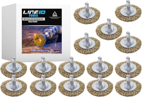 Image of LINE10 Tools 15pk Small Wire Wheel Brush Set for Drill and Impact Driver 2-Inch Round Mini Brass Coated Steel Wire Brushes for Rust Removal Paint Stripping Deburring Metal, 1 /4 inch Hex Shank Attachment