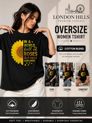 Image of London Hills Oversized Tshirt for Woman | t Shirt for Woman Oversized Fit Printed Round Neck | Tops for Woman's | Women t Shirt Loose Fit Drop Shoulder | t Shirts for Women | Western Tops