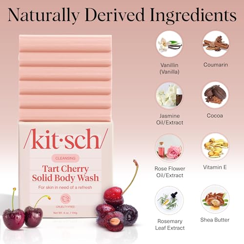 Image of Kitsch Cleansing Tart Cherry Soap Bar with Refreshing Scent - Eco-Friendly Body Wash Women Love - Cherry Solid Bar Soap for Daily Use - Silicone, Sulfate and Paraben Free, Made in USA - 4oz