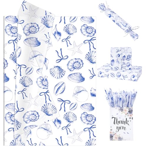 Image of Larcenciel Ocean Blue Tissue Paper, Coastal Starfish Conch Seashell Tissue Paper for Gift Bags, Wrapping, Craft, Decoupage Art Packing Supplies for Wedding, Birthday, Holiday Decor, 60 Sheets 20x14in