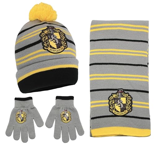 Harry Potter Hufflepuff Kids Winter Hat Gloves Scarf Set for Boys and Girls Winter Hat for Kids 4-14 Years