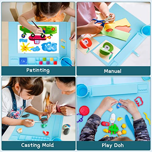 Silicone Painting Mat for Table Protection, 20"x16" Non-Slip Silicone Craft Art Mat with Cup and Lid for Painting, DIY, Resin, Clay, Blue